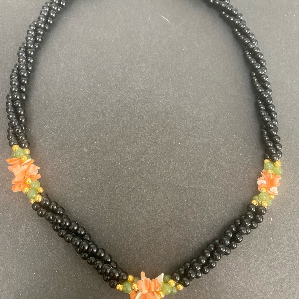 💍💎 SALE Elegant Multistrand Black Onyx Beaded Necklace Coral Accents